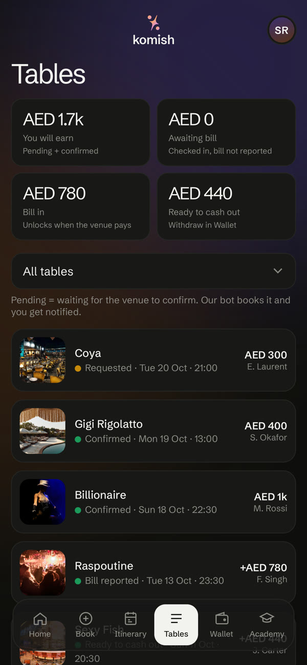 Komish tables screen with the live status of every booking